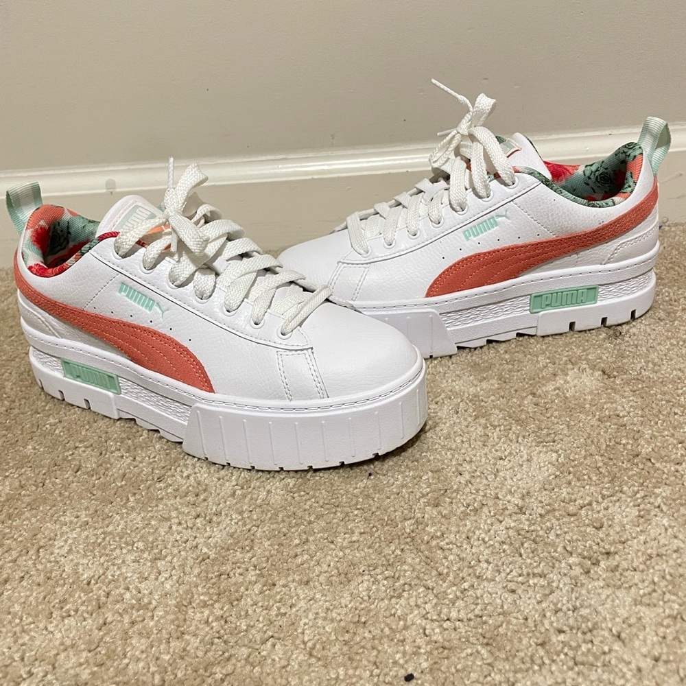 Puma White and Coral Platform Sneakers
